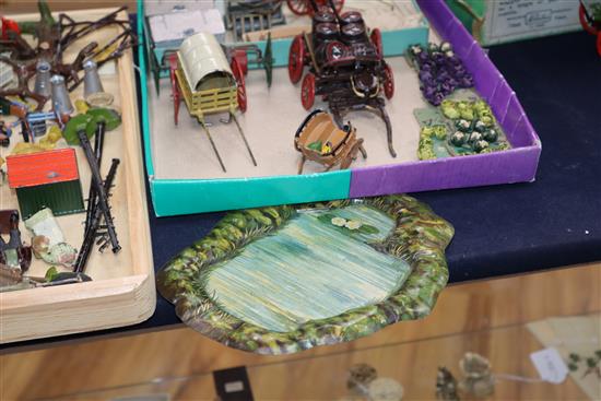 A collection of pre-war Britains Home Farm series models including a boxed farm wagon, boxed timber carriage, boxed tumbrel horse